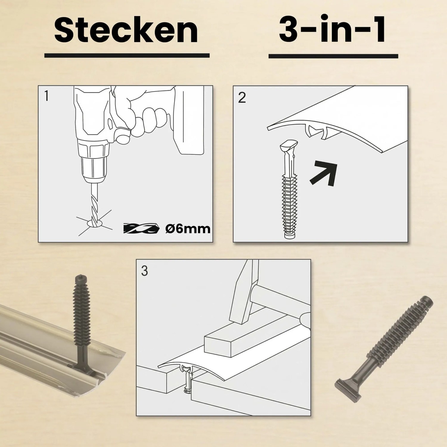 Dalsys Übergangsleiste: Montageanleitung mit Bohren, Dübel einstecken und Profil befestigen. Für Laminat & Parkett.