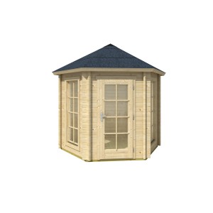 Lasita Maja Pavillon Inverness 44 aus Naturholz mit Fenstern und Tür.