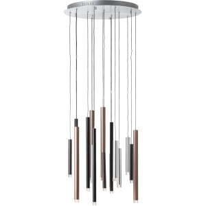 Moderne 16-flammige LED-Pendelleuchte Cembalo in Aluminium, Schwarz und Braun für den Innenbereich.