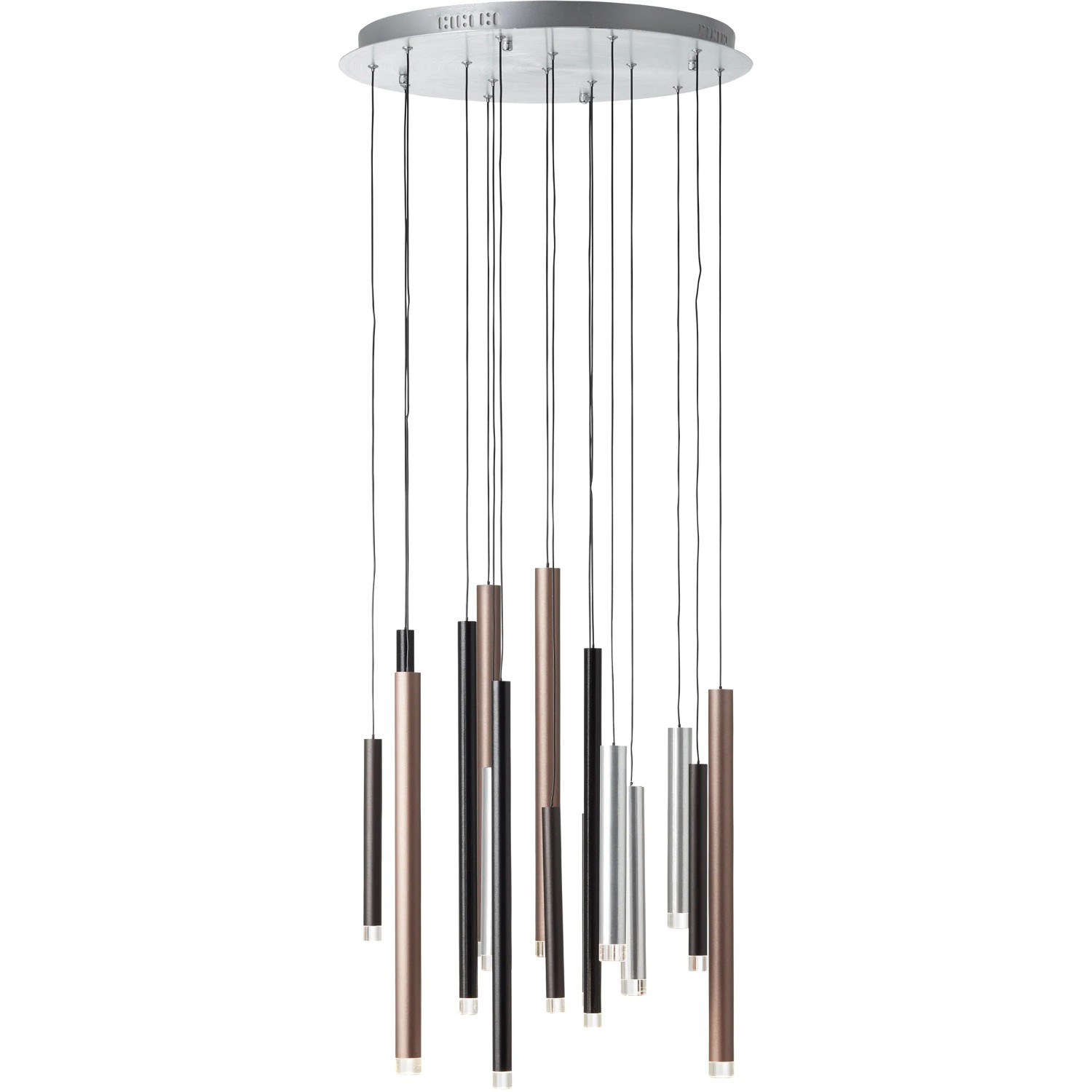 Moderne 16-flammige LED-Pendelleuchte Cembalo in Aluminium, Schwarz und Braun für den Innenbereich.