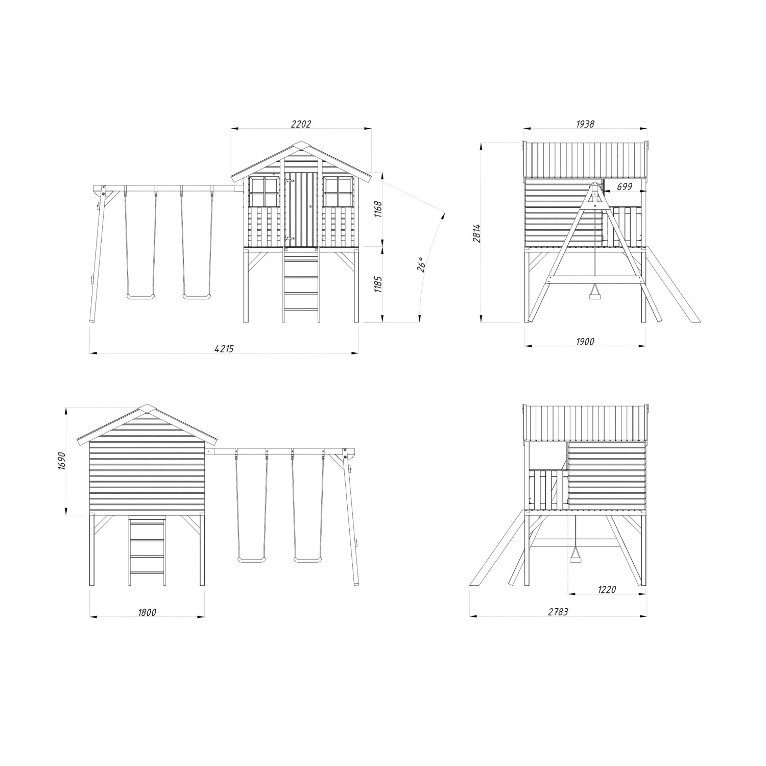 Technische Zeichnung Palmako Toby Set: Spielhaus mit Leiter, Anbauschaukel mit 2 Sitzen. Ansichten und Maße.