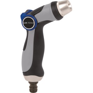 Regulierbare Gartenspritze mit grau-schwarzem Griff und stufenloser Strahlregulierung.