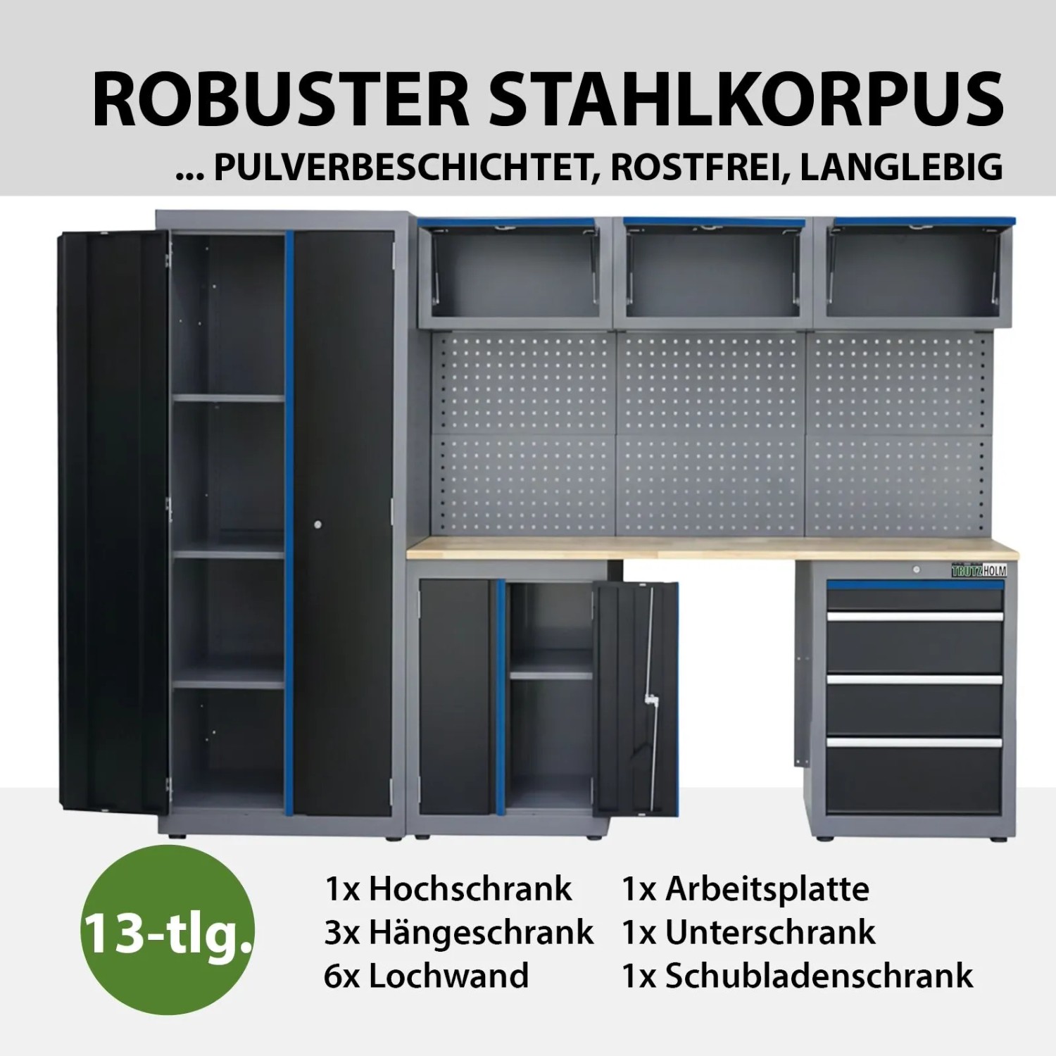 TRUTZHOLM Werkstattwand, 13-teilig, blau. Modulares Werkstattschranksystem aus Stahl mit Lochwand.