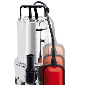 Einhell GC-DP 1020 N Schmutzwasserpumpe aus Edelstahl mit Schwimmerschalter und Zubehör.