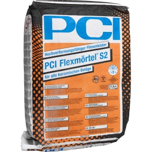 Sack PCI Flexmörtel S2 Fliesenkleber, 20 kg, hochverformungsfähig für Innen- und Außenbereich.