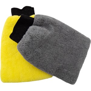 Steuber Mikrofaser Handschuhe, 2er Set in Gelb und Grau für Autopflege und Reinigung.