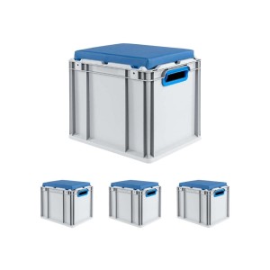Sparset: 4 blaue Euroboxen mit Sitzkissen, 30 Liter, ideal zur Aufbewahrung und als Sitzgelegenheit.