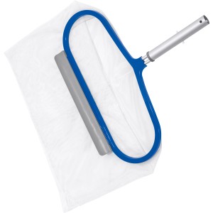 Bestway Flowclear AquaRake Deluxe Poolkescher-Aufsatz mit blauem Rahmen und Netz.