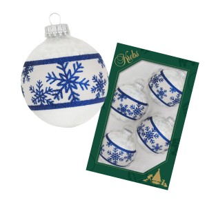 Krebs Glas Lauscha 4er-Set Weihnachtskugeln, Eislack weiß, blaue Schneeflocken, 7cm.