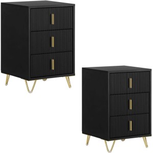 2er Set schwarze Nachttische mit 3 geriffelten Schubladen, goldenen Griffen und Haarnadelbeinen. Modernes Schlafzimmer Möbel.