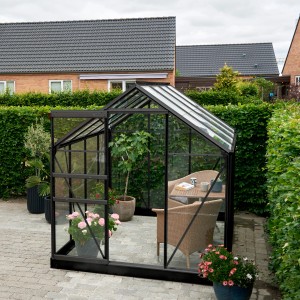 Schwarzes Halls Gewächshaus Popular 86 mit Fundamentrahmen, 5 m² Fläche. Pflanzen und Gartenmöbel im Inneren.
