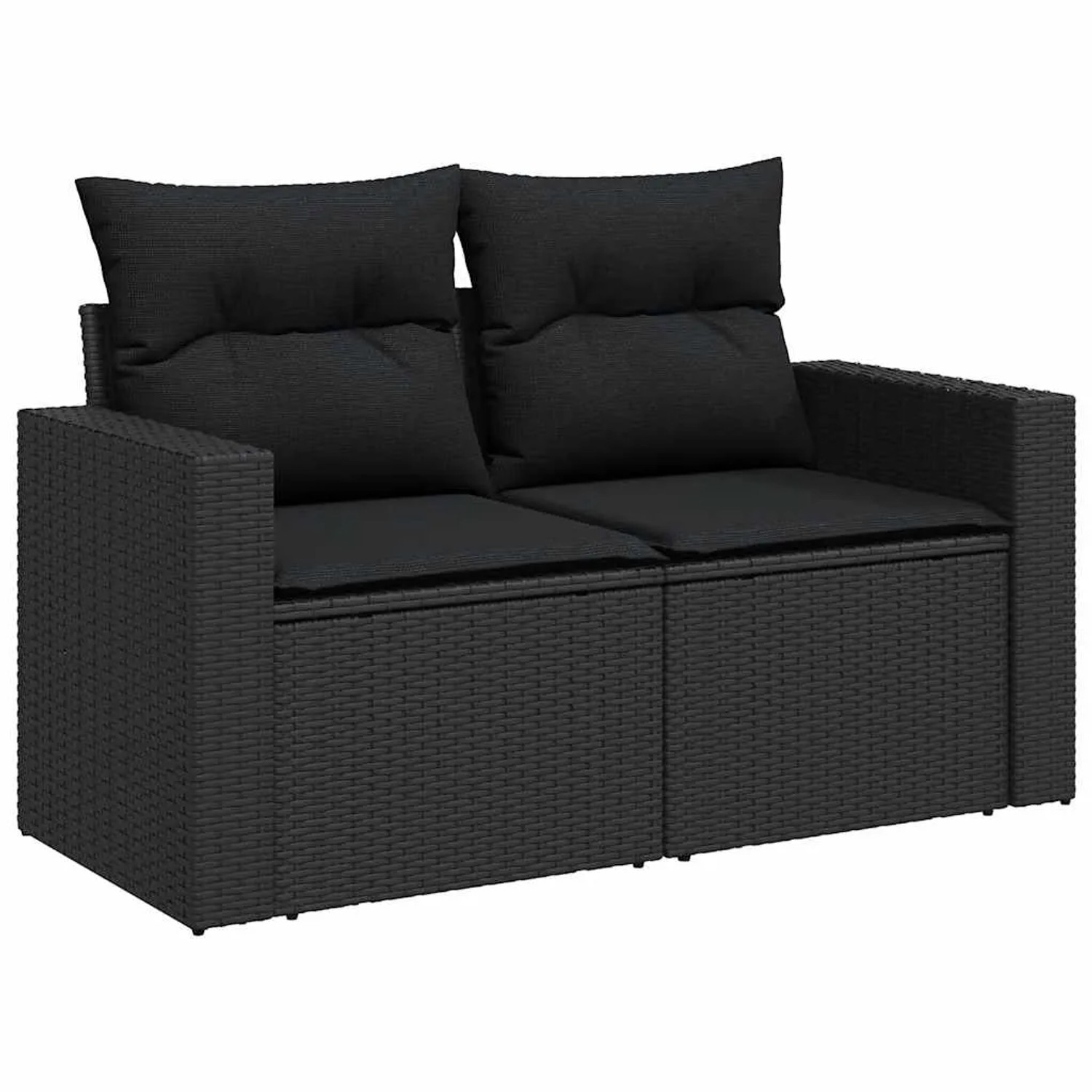Schwarze 4-tlg. vidaXL Garten-Sofagarnitur aus Poly Rattan mit Kissen.