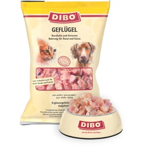 Dibo Geflügel Barf für Hunde und Katzen, 2kg Packung und Schale mit Geflügelfleisch.