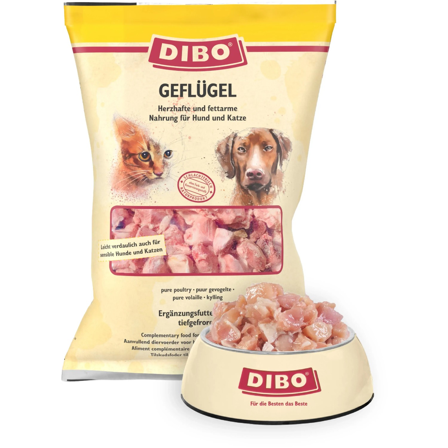 Dibo Geflügel Barf für Hunde und Katzen, 2kg Packung und Schale mit Geflügelfleisch.