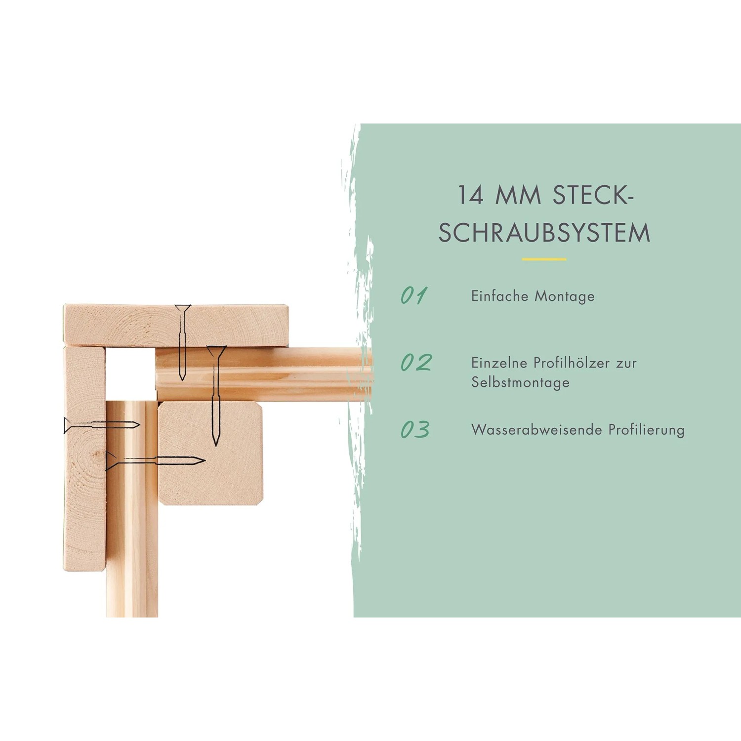 Detailaufnahme Steck-Schraubsystem des Karibu Gartenhaus Neuenburg 0 vorvergraut, einfache Montage.