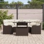 Braunes 7-teiliges vidaXL Garten-Sofa-Set aus Poly Rattan mit Tisch und beigen Kissen.