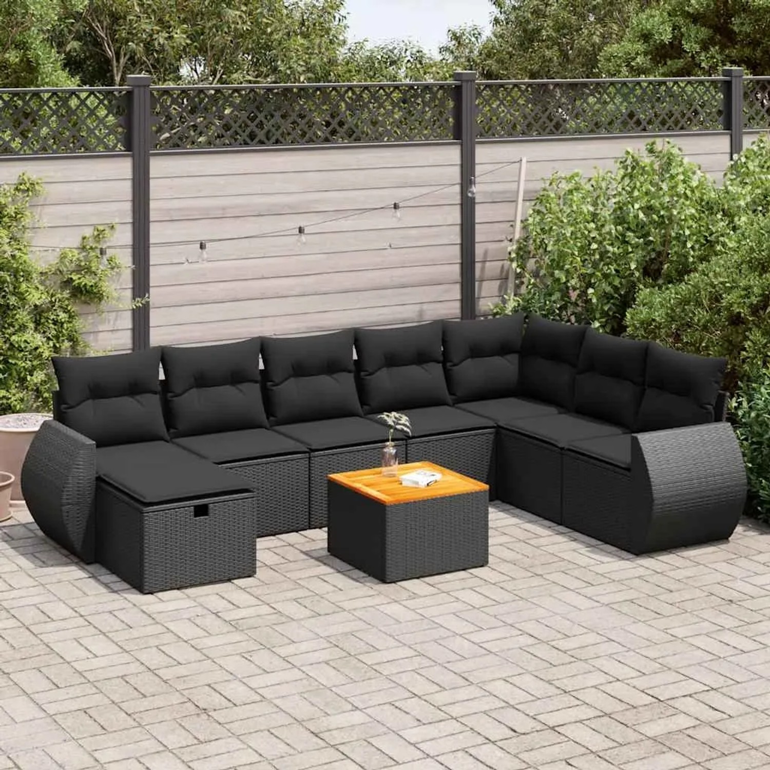 Schwarze 9-tlg. vidaXL Garten-Sofagarnitur mit Kissen und Tisch aus Polyrattan. Gartenmöbel für Terrasse und Garten.