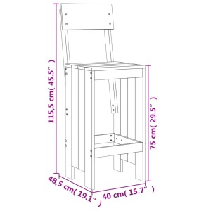 Skizze Barhocker aus Kiefernholz, Teil des 5-tlg. Gartenbar-Sets, honigbraun, mit Maßangaben.
