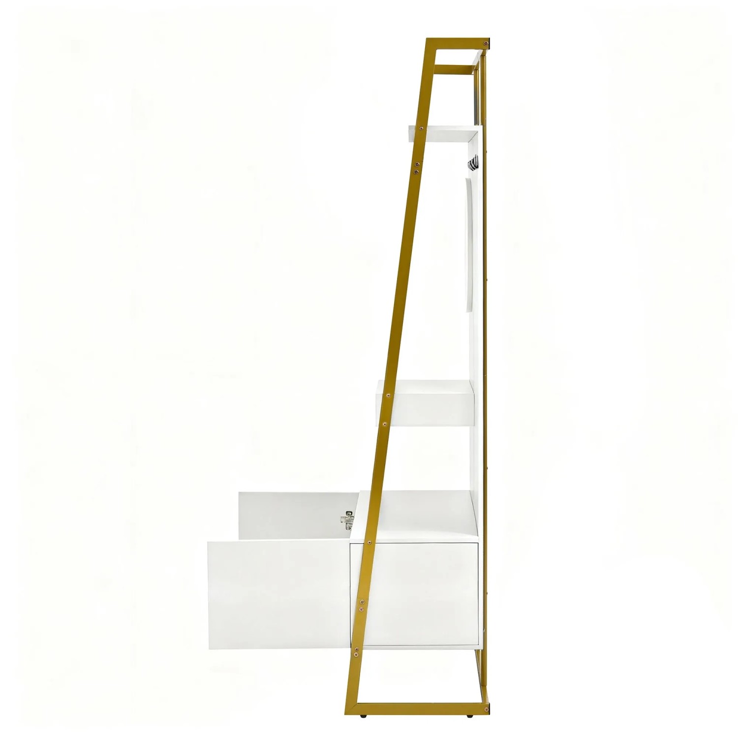 Weißes Garderoben Set mit goldenem Metallrahmen, Spiegel, Haken und offenem Schuhschrank für den Flur.