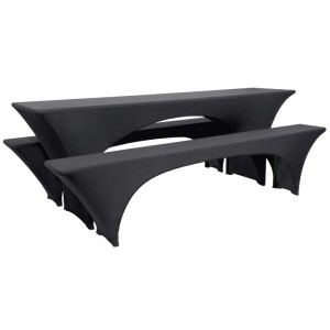 Schwarzes 3-teiliges Stretch-Hussen-Set für Biertisch und Bierbänke, passgenau und elegant.