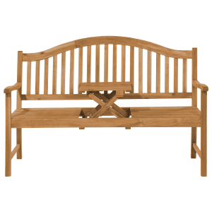 Helle Holzfarbene Beliani Gartenbank mit integriertem Klapptisch für Garten oder Terrasse.