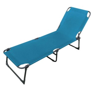 Blaue Lex 3-Bein Gartenliege, klappbar, mit schwarzem Metallgestell. Ideal als Sonnenliege oder Strandliege.