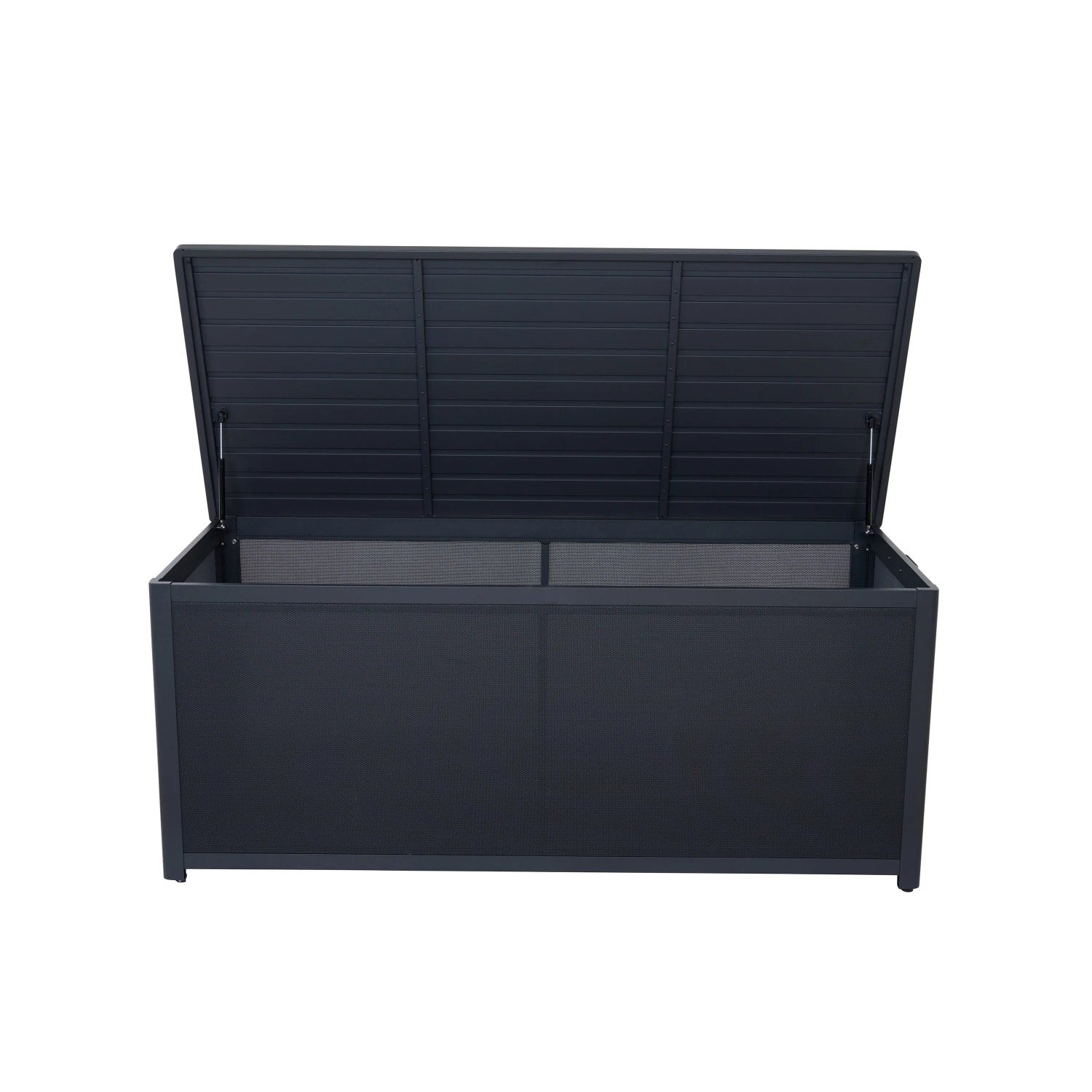Offene, dunkelgraue Siena Garden Kissenbox Sabano (181x79x75 cm) zur Aufbewahrung von Gartenauflagen.