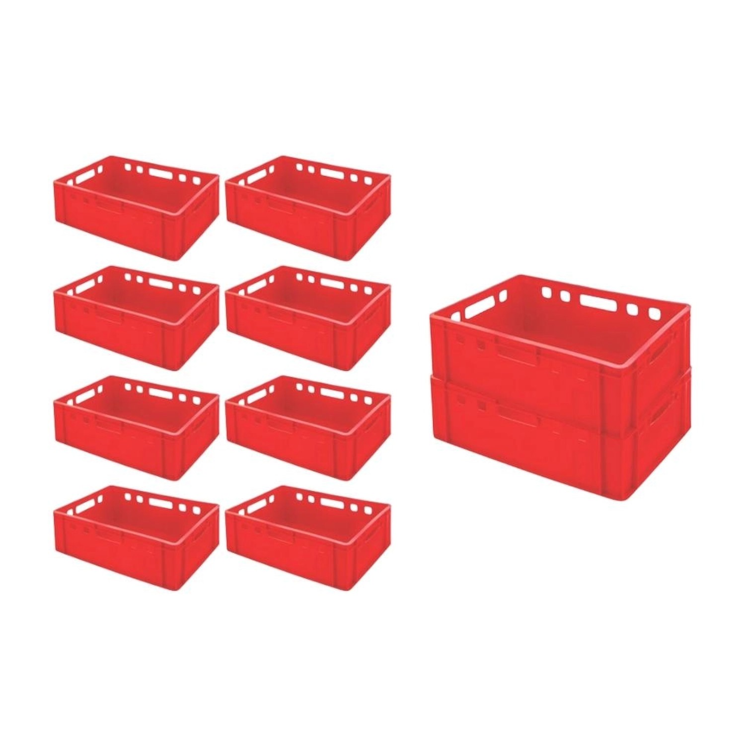 Set aus 10 roten Eurobehältern/Fleischerkisten E2, stapelbar, für Industrie und Gewerbe.