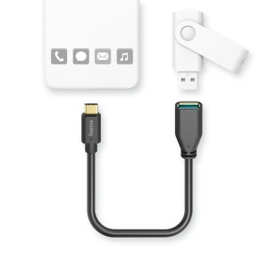 Schwarzes Hama USB-C auf USB-A Adapterkabel (15cm) mit Smartphone und USB-Stick.