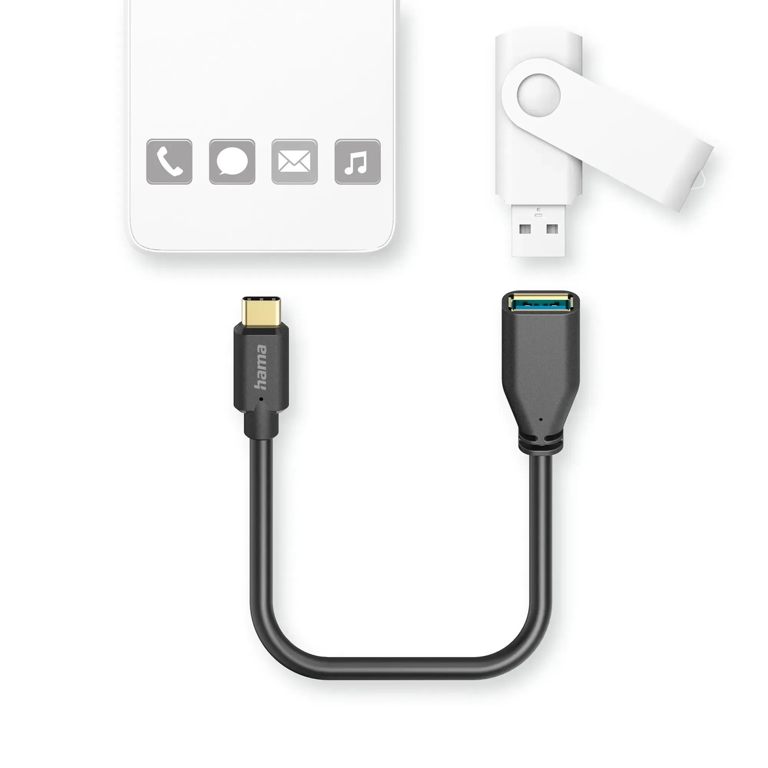 Schwarzes Hama USB-C auf USB-A Adapterkabel (15cm) mit Smartphone und USB-Stick.
