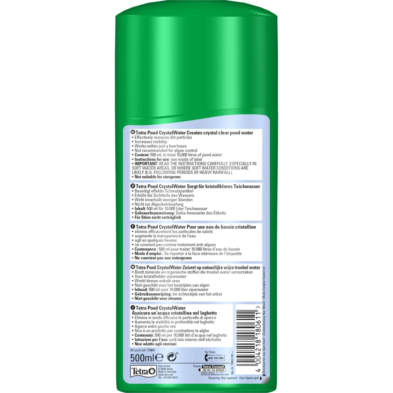 Tetra Pond CrystalWater für klares Teichwasser, 500ml Flasche.