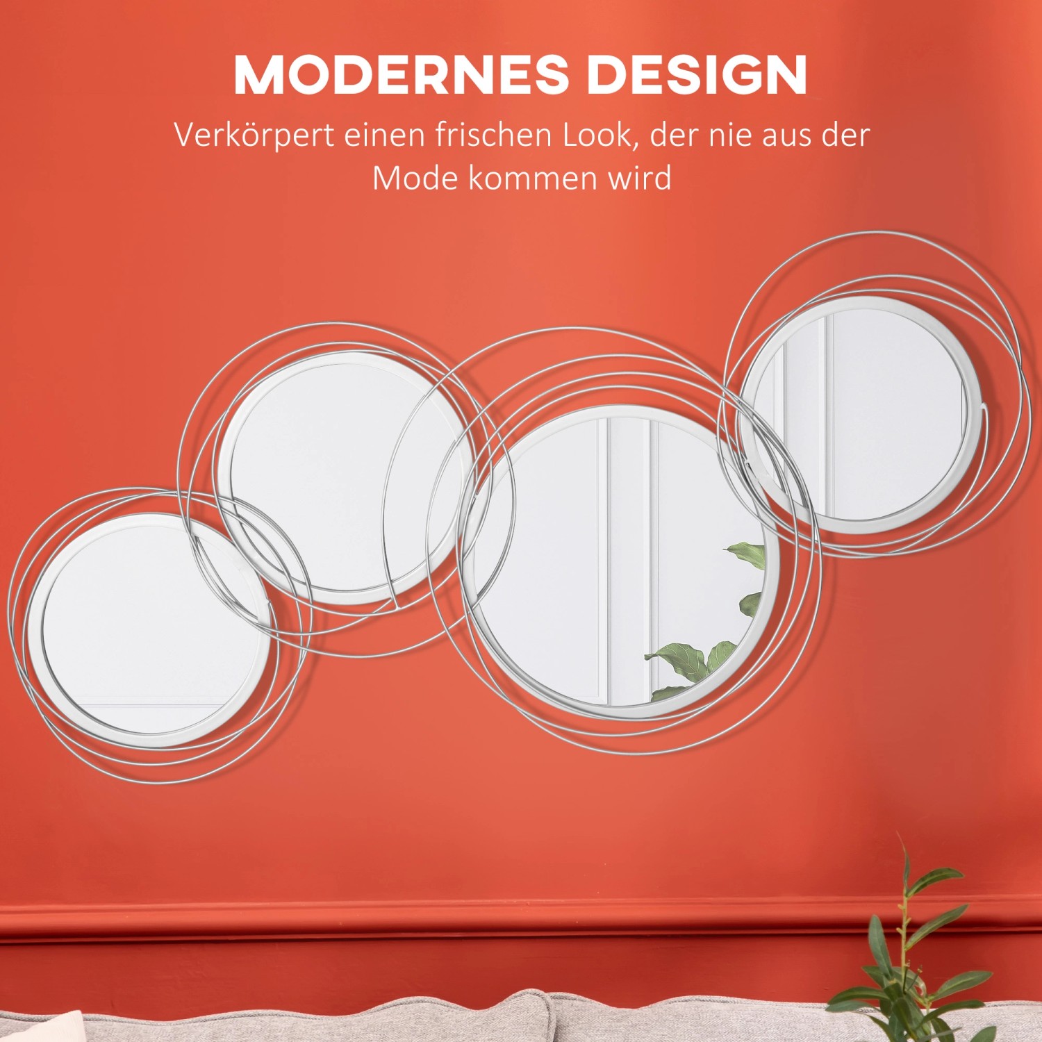 HOMCOM Wanddekoration mit 4 runden Spiegeln und silbernem Metallrahmen. Moderne Deko für Wohnaccessoires.