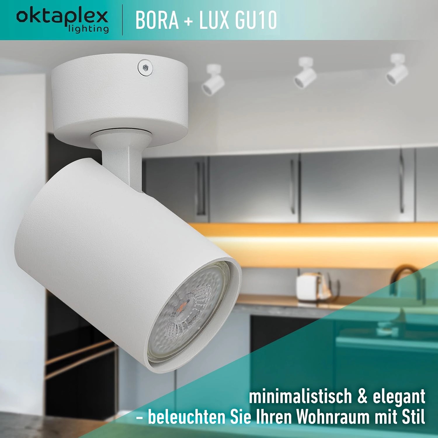 Weißer, schwenkbarer Oktaplex Bora LED Deckenstrahler mit GU10 Leuchtmittel, 3-Stufen Dimmfunktion.