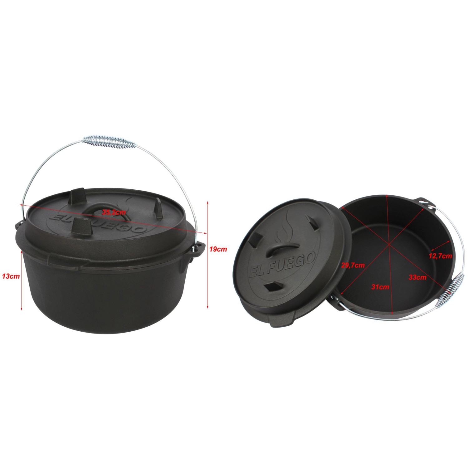 El Fuego Dutch Oven aus Gusseisen, 7,2 l Topf und 1,8 l Deckel, robust und schwarz.
