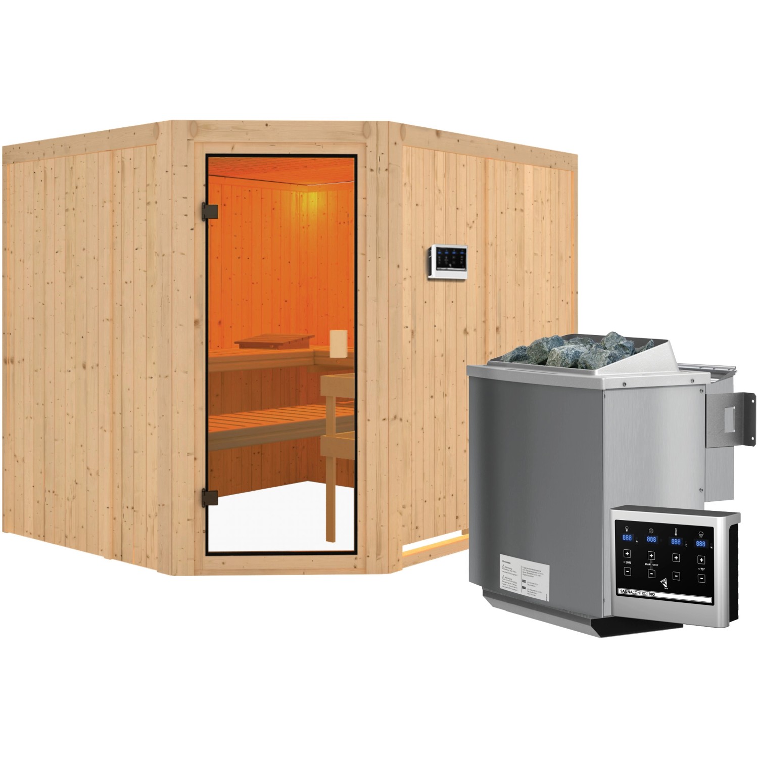 Karibu Sauna Horna inkl. 9 kW Bio-Ofen mit ext. Strg., Glastür Bronziert