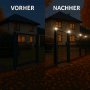 Vergleich: 60x60 Solar Zaunleuchten beleuchten einen Doppelstabmattenzaun bei Nacht mit neutralweißem Licht.