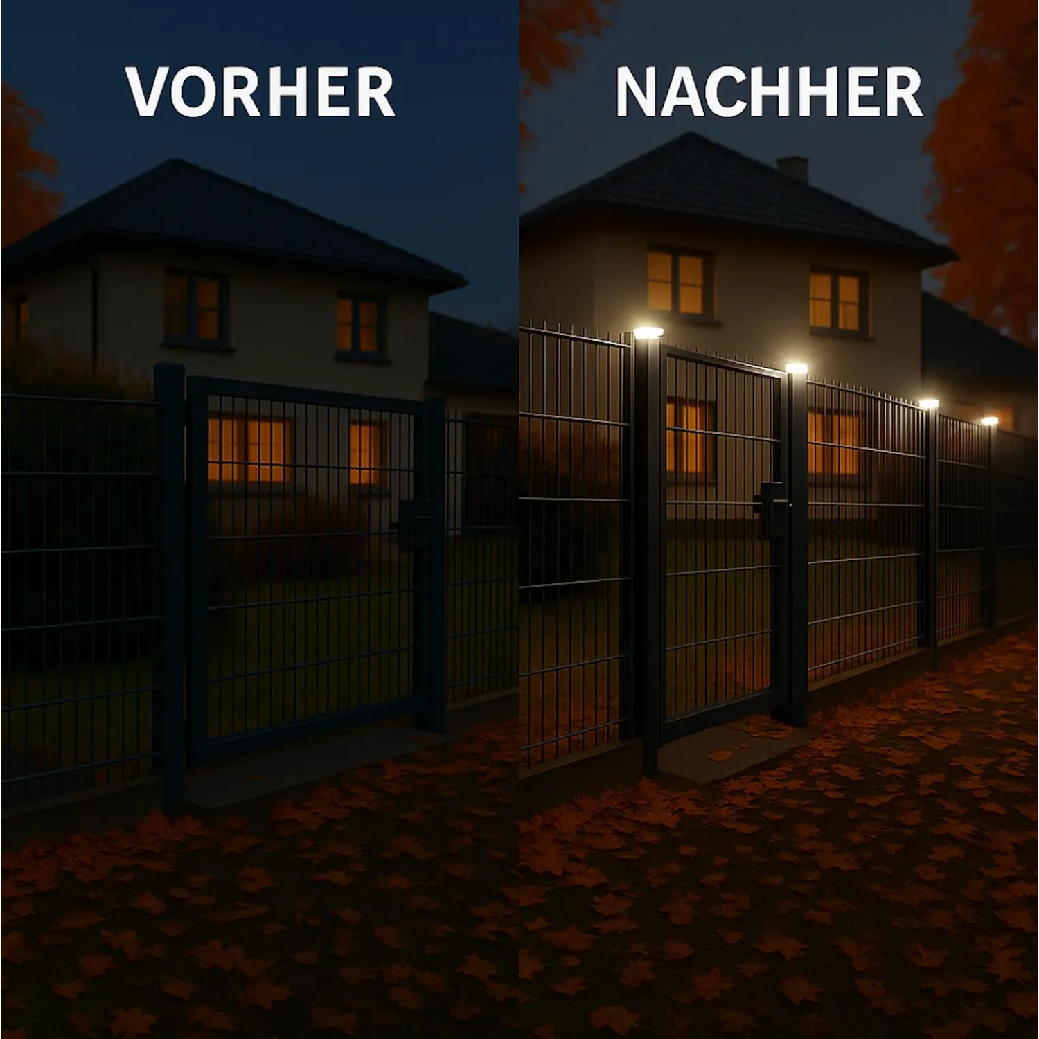 Vergleich: 60x60 Solar Zaunleuchten beleuchten einen Doppelstabmattenzaun bei Nacht mit neutralweißem Licht.