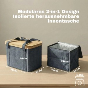 Graue BigDean Picknicktasche mit Bambusdeckel und herausnehmbarer Kühltasche.