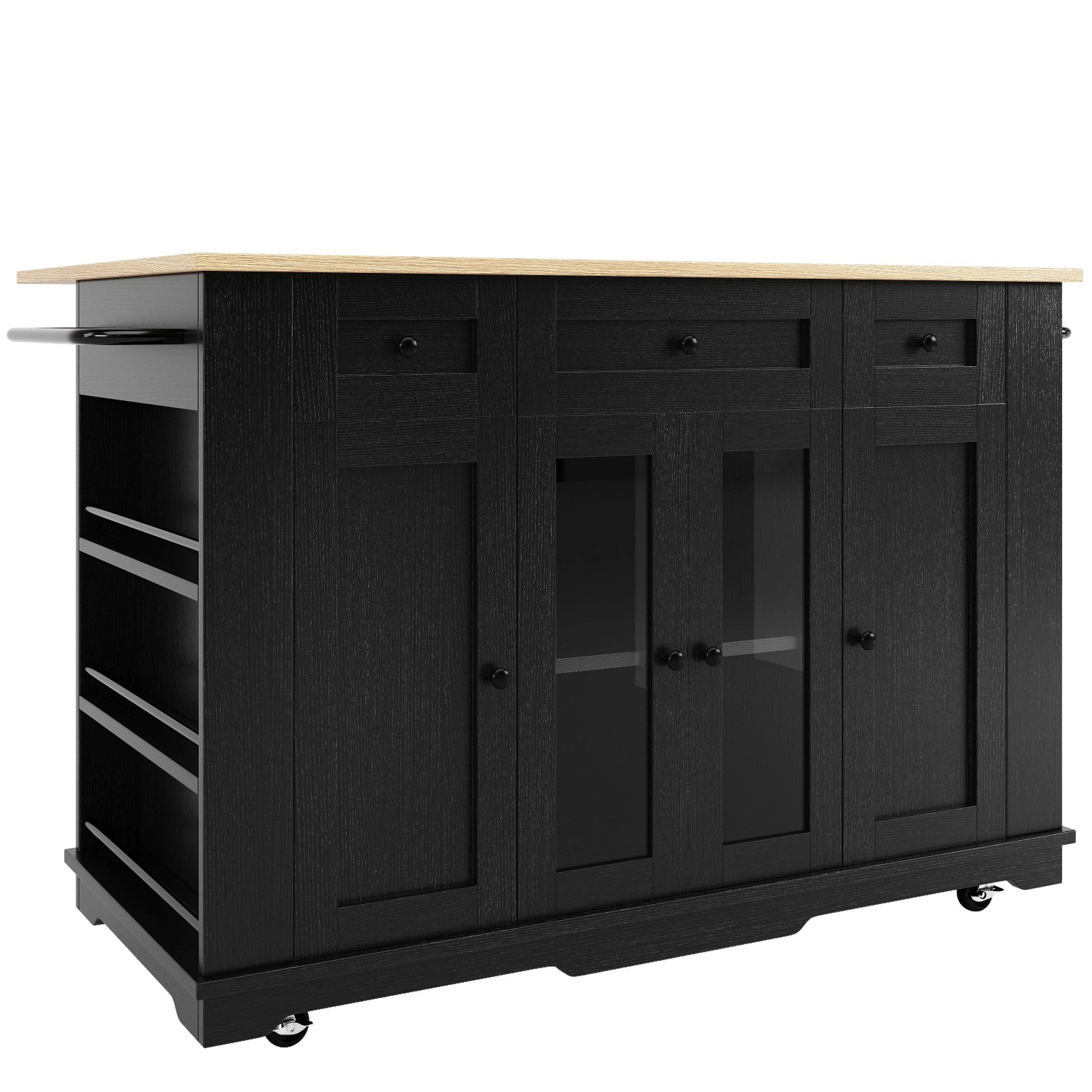 okwish Kücheninsel mit Trennwände Glastür Arbeitsplatte Stauraum Küche 151x85x91cm Schwarz