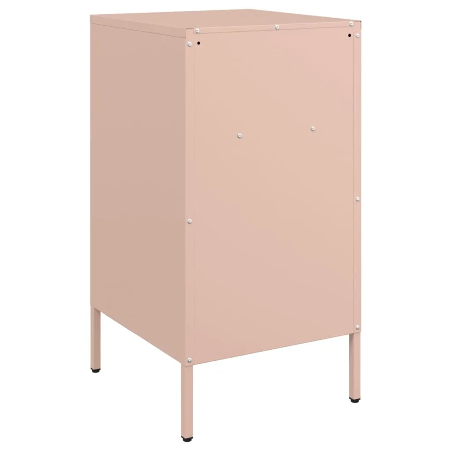 Zwei rosa Nachttische aus Stahl, schlichtes Design mit Tür und Füßen.