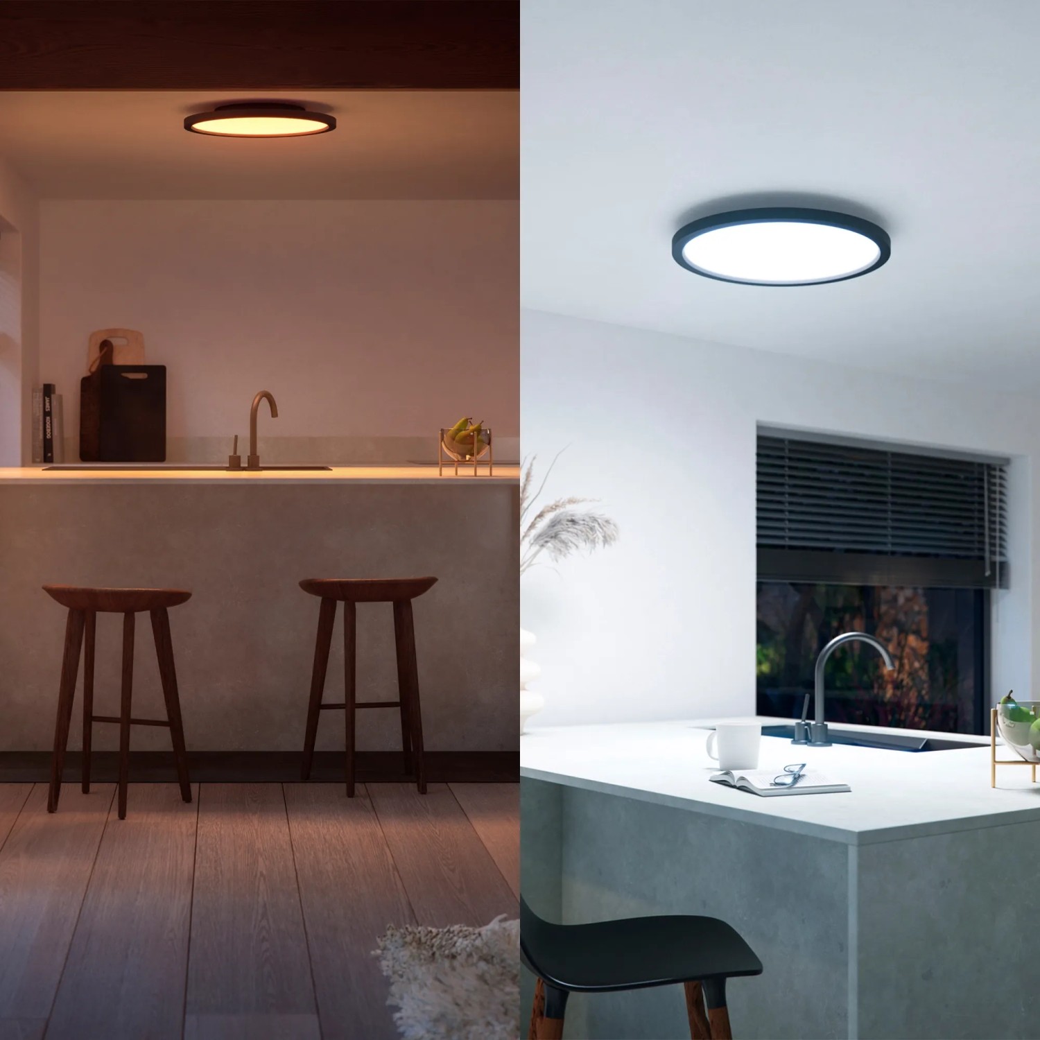 Philips Hue Aurelle LED-Panel, schwarz, Ø 39,5 cm, in Küche mit warmweissem und kaltweissem Licht.