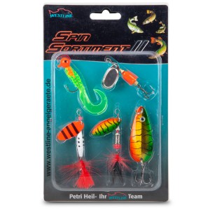 Westline Spin Sortiment II Angelköder-Set mit 5 Spinnködern in verschiedenen Farben und Formen.