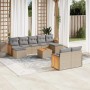 Beige 10-tlg. vidaXL Garten-Sofagarnitur aus Rattan mit hellgrauen Kissen und Akazientisch.