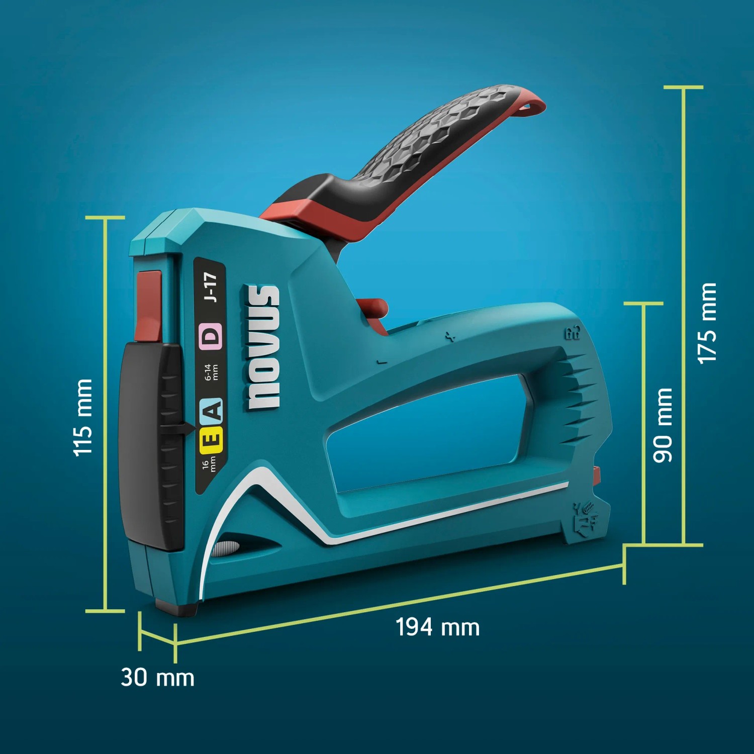 Novus Handtacker J-17, Profi-Tacker für Klammern und Nägel, blau/schwarz, mit Maßangaben.