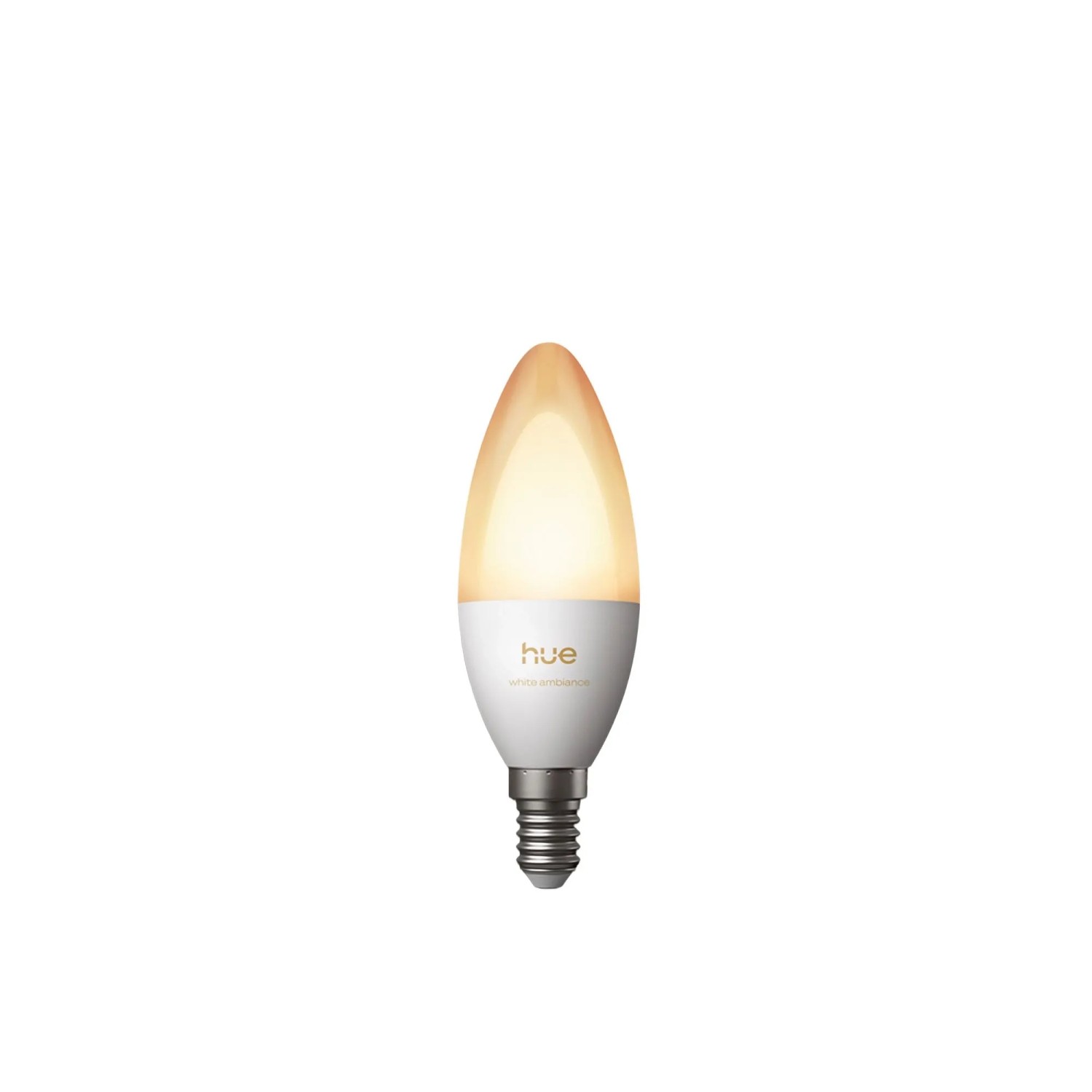 Philips Hue E14 LED Leuchtmittel Kerzenform, warmweiß leuchtend, weißer Sockel. Einstellbares Smart Home Licht.