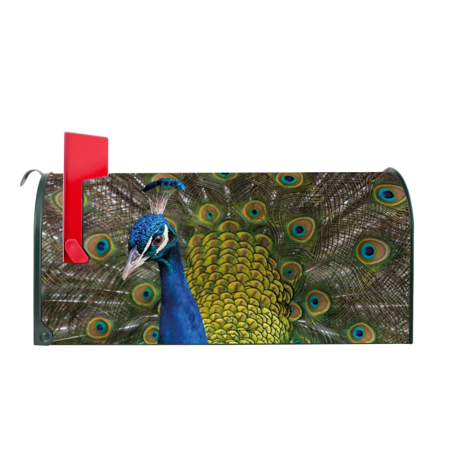 Grüner Banjado Briefkasten mit Pfauenmotiv, US Mailbox Design, Stahl pulverbeschichtet.