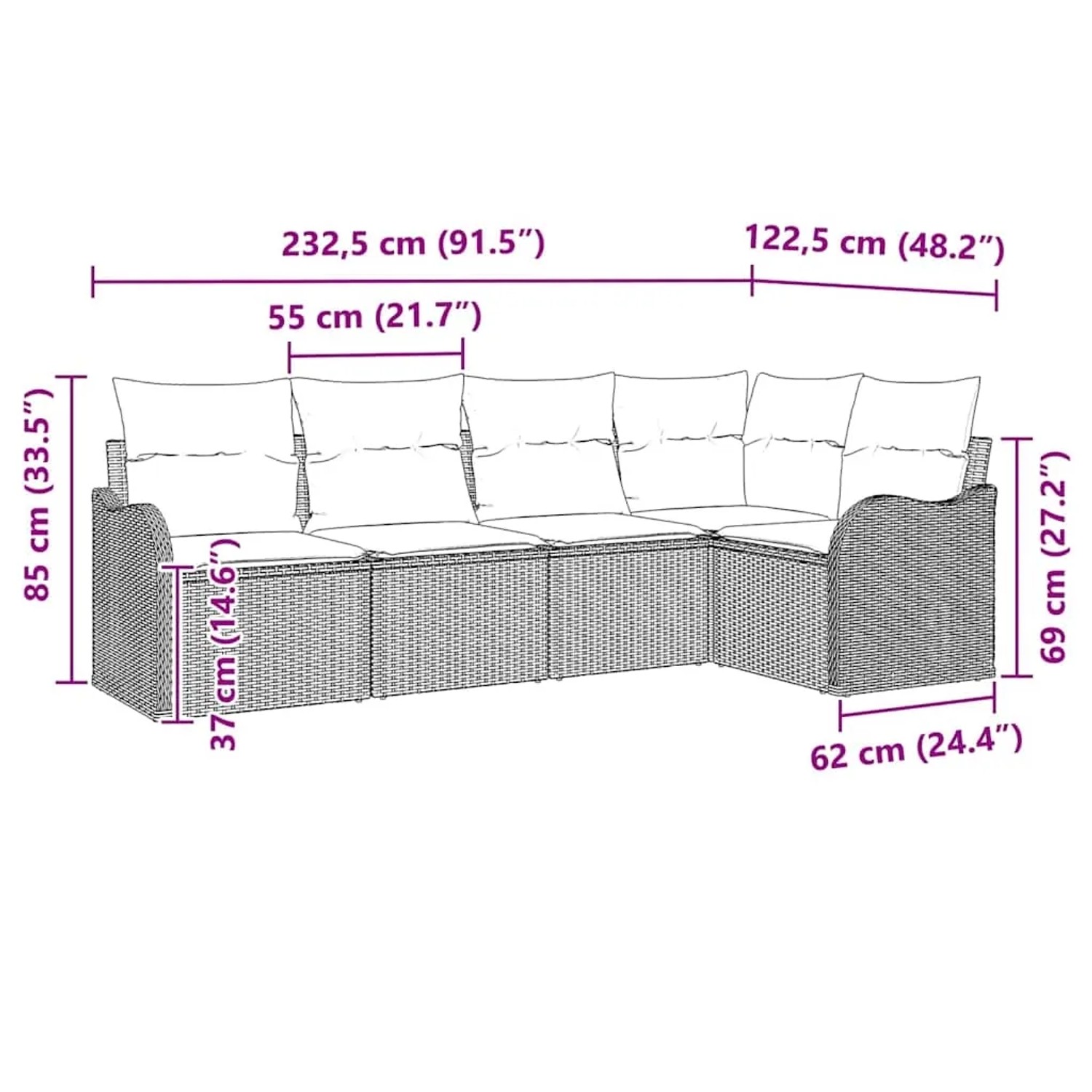 vidaXL Garten-Sofa-Set, 5-teilig, schwarz, Poly Rattan, mit Maßen. Ideal für Terrasse und Garten.