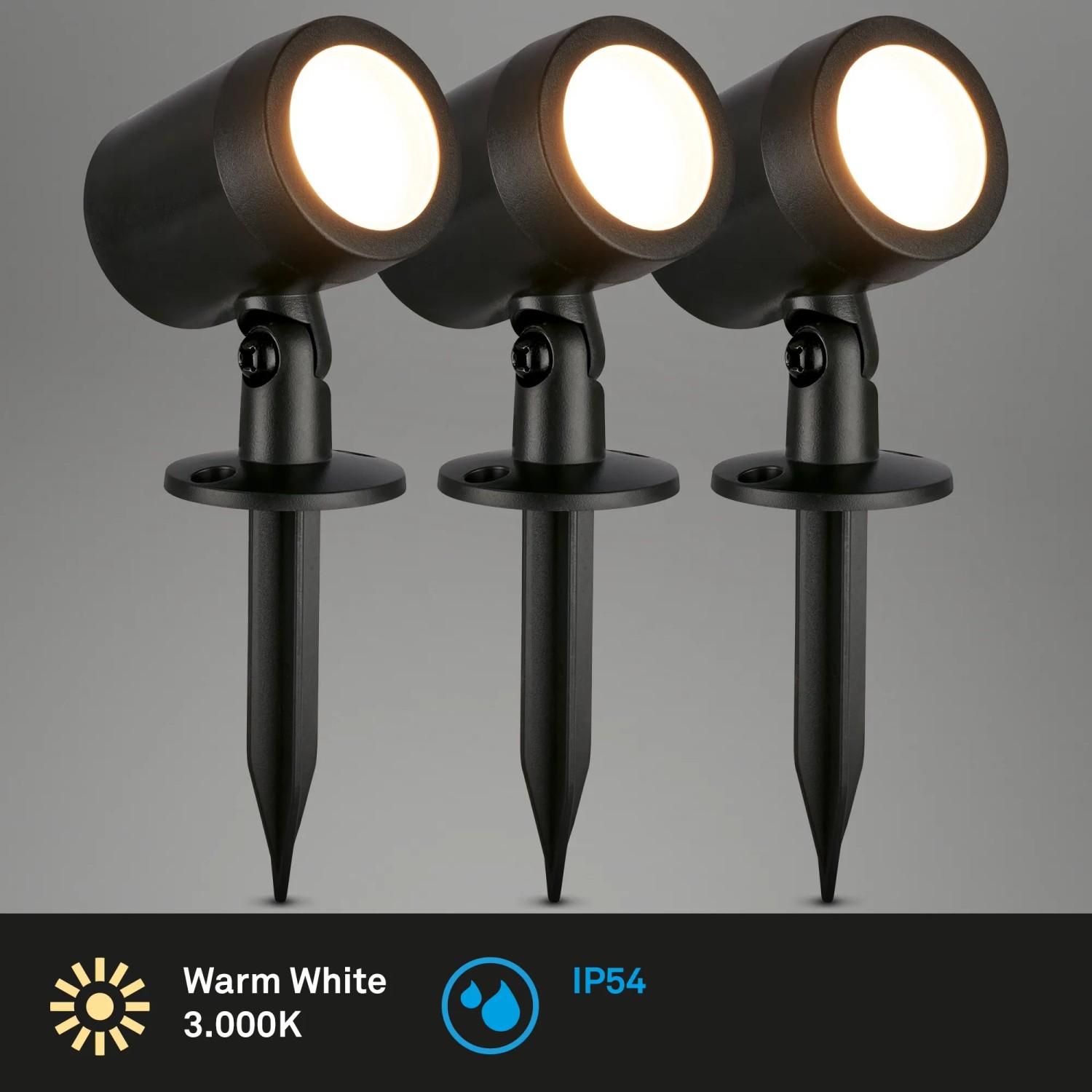 Brilo LED Gartenspieß-Set, 3 schwarze Strahler mit Erdspieß für Gartenwege und Beete.