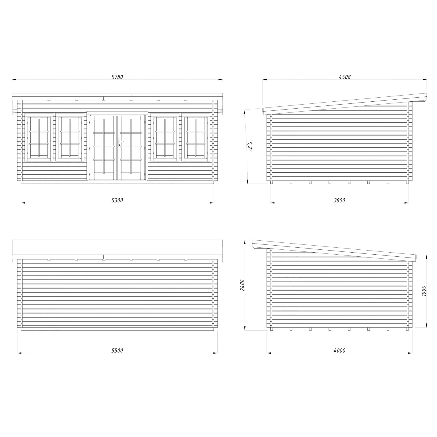 Technische Zeichnung Palmako Gartenhaus Lisa, 530x380 cm, grau-weiß, mit Maßen.