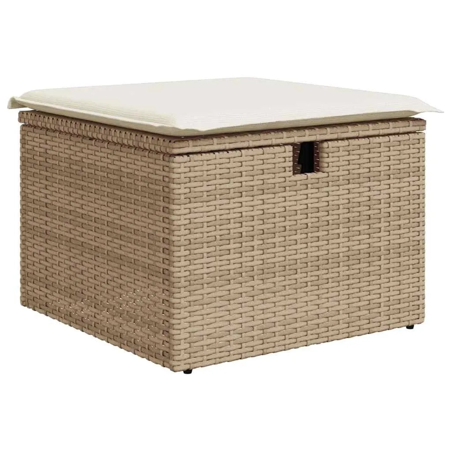 Beiger vidaXL Garten-Fußhocker aus Rattan mit cremefarbenem Kissen, Teil der Sofagarnitur.